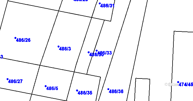 Parcela st. 486/33 v KÚ Hůry, Katastrální mapa