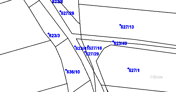 Parcela st. 527/18 v KÚ Hůry, Katastrální mapa