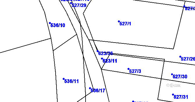 Parcela st. 623/36 v KÚ Hůry, Katastrální mapa