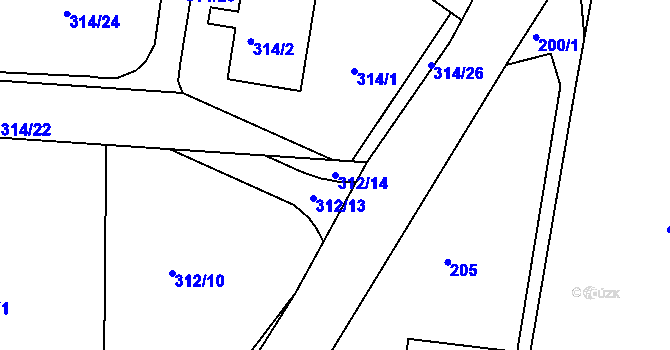 Parcela st. 312/14 v KÚ Hůry, Katastrální mapa
