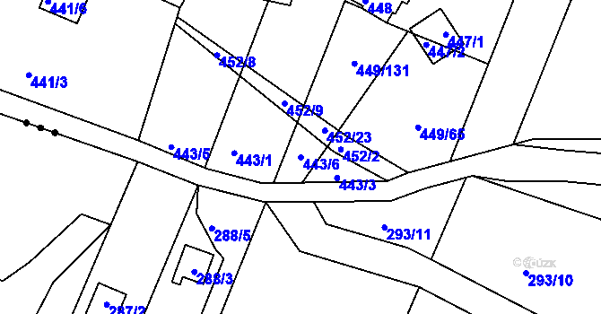 Parcela st. 443/6 v KÚ Hůry, Katastrální mapa