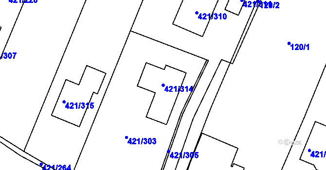 Parcela st. 421/314 v KÚ Hůry, Katastrální mapa