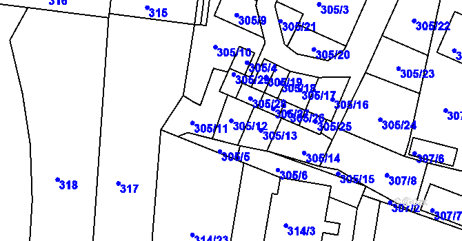 Parcela st. 305/12 v KÚ Hůry, Katastrální mapa