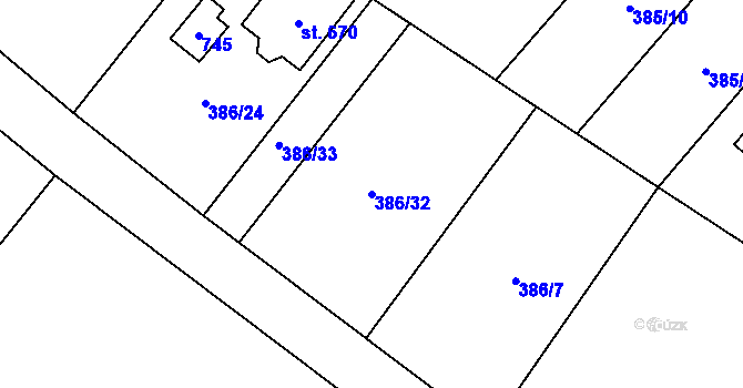 Parcela st. 386/32 v KÚ Husinec u Řeže, Katastrální mapa