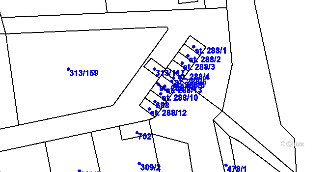 Parcela st. 288/13 v KÚ Husinec u Řeže, Katastrální mapa