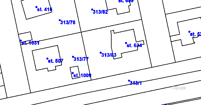 Parcela st. 313/83 v KÚ Husinec u Řeže, Katastrální mapa