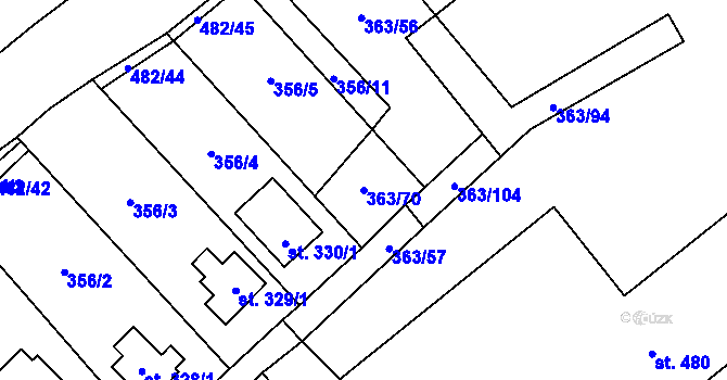Parcela st. 363/70 v KÚ Husinec u Řeže, Katastrální mapa