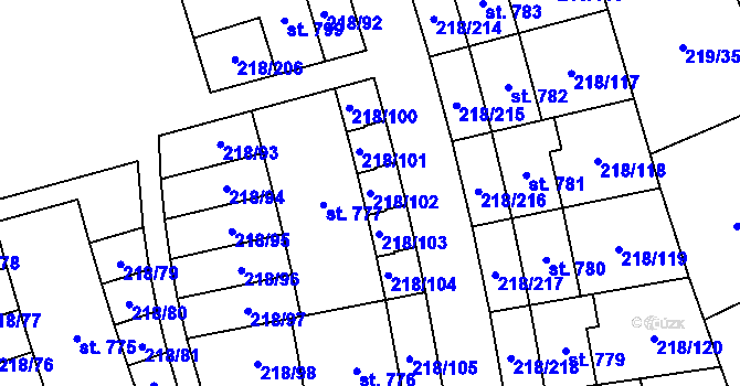 Parcela st. 218/102 v KÚ Husinec u Řeže, Katastrální mapa