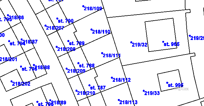 Parcela st. 218/111 v KÚ Husinec u Řeže, Katastrální mapa