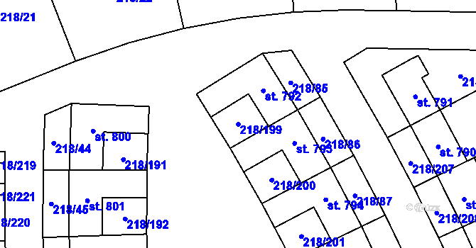 Parcela st. 218/199 v KÚ Husinec u Řeže, Katastrální mapa