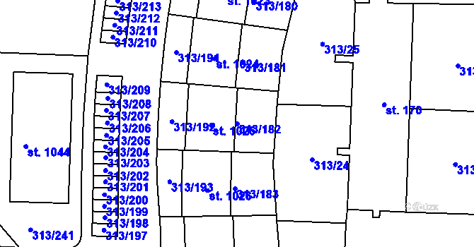 Parcela st. 313/182 v KÚ Husinec u Řeže, Katastrální mapa