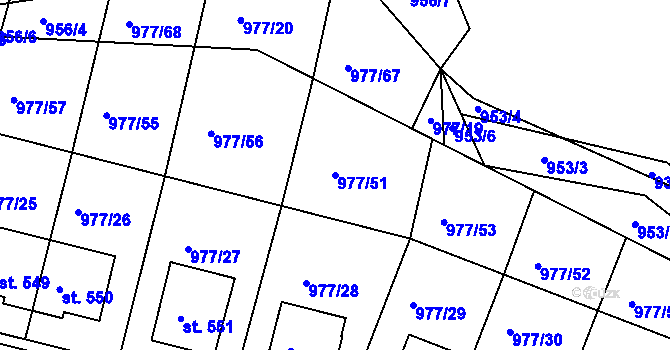 Parcela st. 977/51 v KÚ Husinec, Katastrální mapa