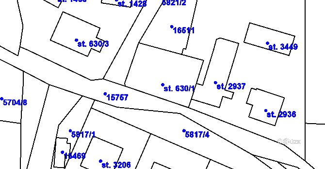 Parcela st. 630/1 v KÚ Huslenky, Katastrální mapa