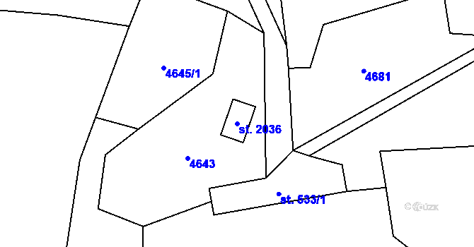Parcela st. 2036 v KÚ Huslenky, Katastrální mapa