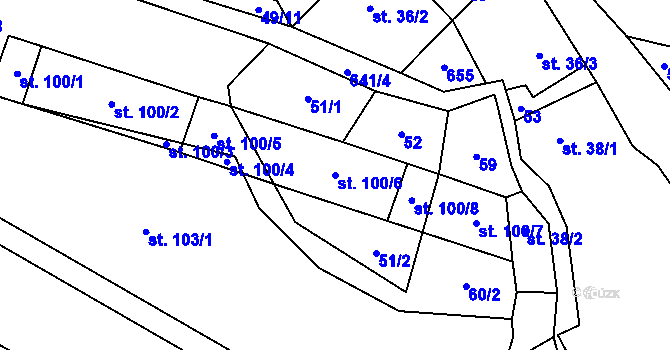 Parcela st. 100/6 v KÚ Hustířany, Katastrální mapa