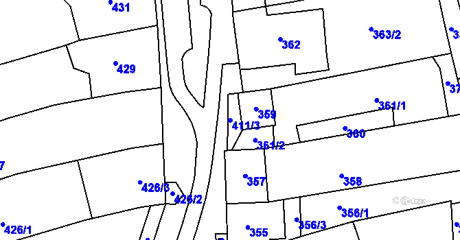 Parcela st. 411/3 v KÚ Hustopeče u Brna, Katastrální mapa