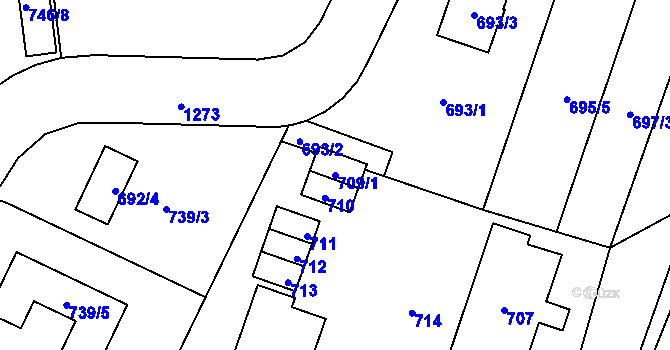Parcela st. 709/1 v KÚ Hustopeče nad Bečvou, Katastrální mapa