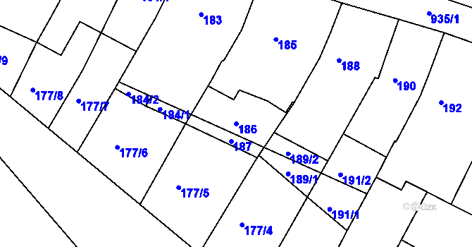 Parcela st. 186 v KÚ Huštěnovice, Katastrální mapa