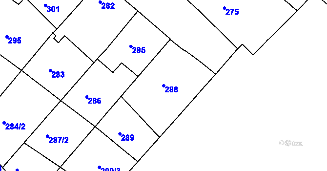 Parcela st. 288 v KÚ Huštěnovice, Katastrální mapa