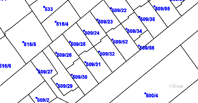 Parcela st. 509/32 v KÚ Huštěnovice, Katastrální mapa