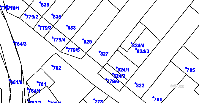 Parcela st. 827 v KÚ Huštěnovice, Katastrální mapa