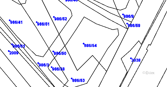 Parcela st. 986/54 v KÚ Huštěnovice, Katastrální mapa