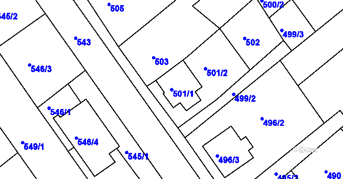 Parcela st. 501/1 v KÚ Huštěnovice, Katastrální mapa