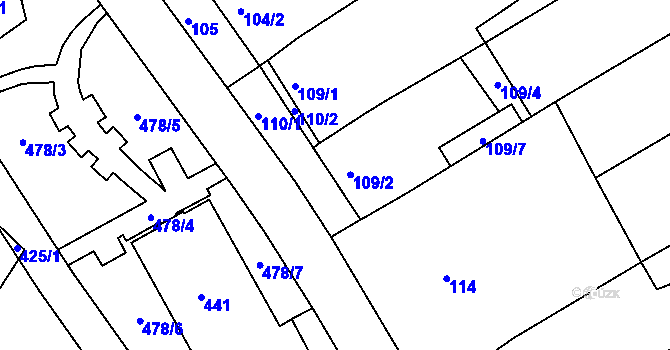 Parcela st. 109/5 v KÚ Huštěnovice, Katastrální mapa