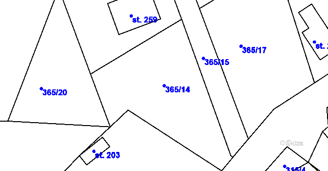 Parcela st. 365/14 v KÚ Hutě pod Třemšínem, Katastrální mapa