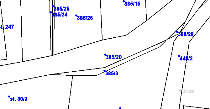 Parcela st. 385/20 v KÚ Hutě pod Třemšínem, Katastrální mapa