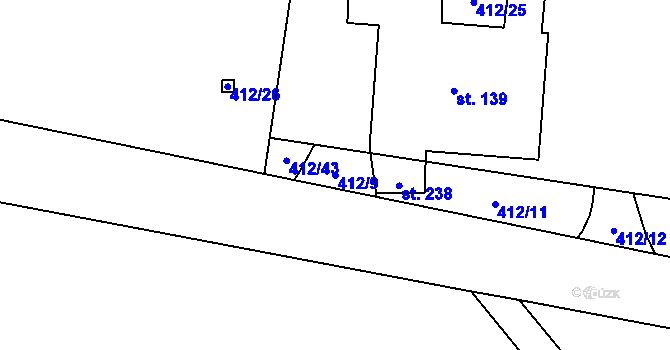 Parcela st. 412/9 v KÚ Hutě pod Třemšínem, Katastrální mapa
