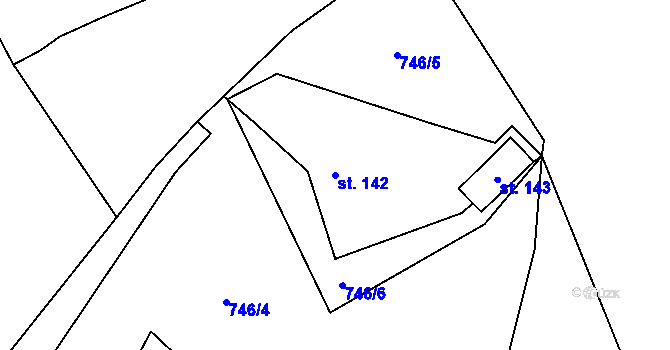 Parcela st. 142 v KÚ Hutisko, Katastrální mapa