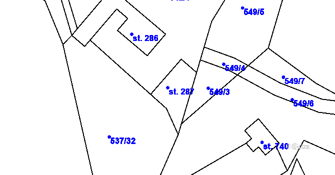 Parcela st. 287 v KÚ Hutisko, Katastrální mapa
