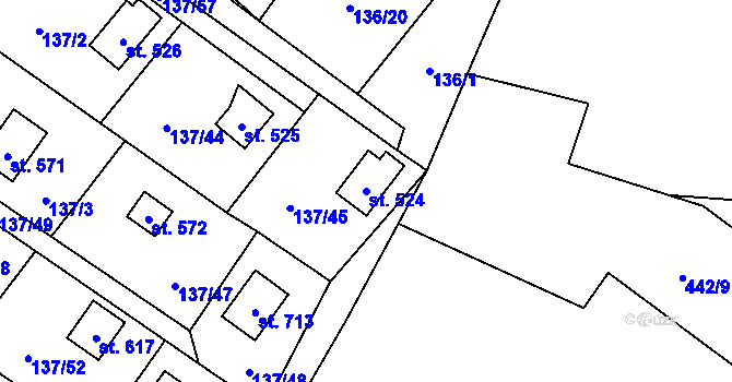 Parcela st. 524 v KÚ Hutisko, Katastrální mapa