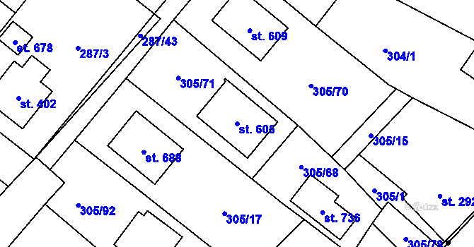 Parcela st. 605 v KÚ Hutisko, Katastrální mapa