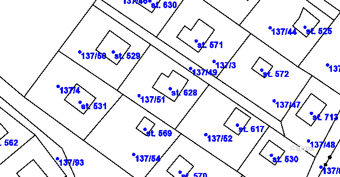 Parcela st. 628 v KÚ Hutisko, Katastrální mapa