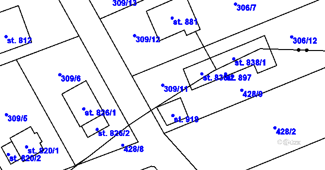 Parcela st. 309/11 v KÚ Hutisko, Katastrální mapa