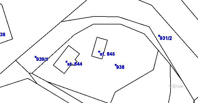 Parcela st. 845 v KÚ Hutisko, Katastrální mapa
