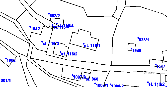Parcela st. 116/1 v KÚ Hutisko, Katastrální mapa