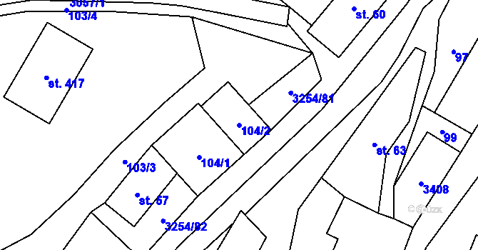 Parcela st. 104/2 v KÚ Huzová, Katastrální mapa