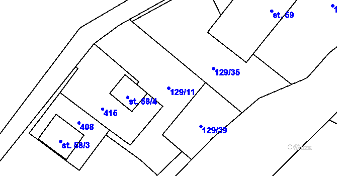 Parcela st. 129/11 v KÚ Veveří u Huzové, Katastrální mapa