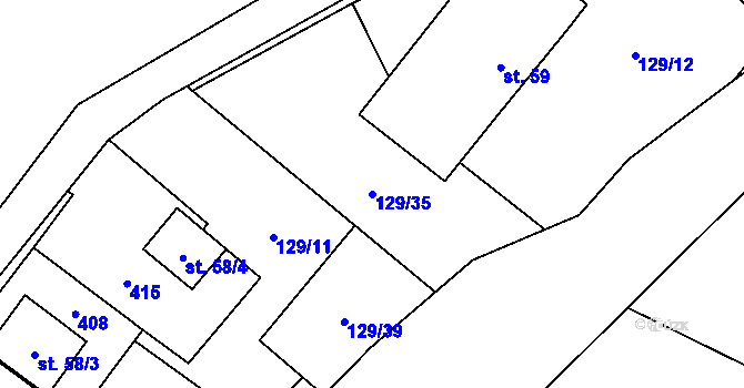 Parcela st. 129/35 v KÚ Veveří u Huzové, Katastrální mapa
