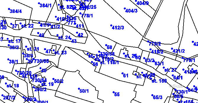 Parcela st. 730/58 v KÚ Hlavňov, Katastrální mapa