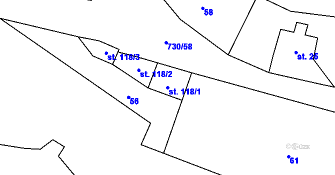 Parcela st. 118/1 v KÚ Hlavňov, Katastrální mapa