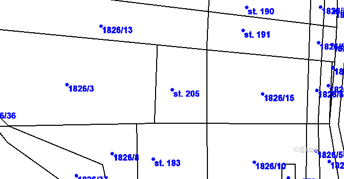 Parcela st. 205 v KÚ Hvězdonice, Katastrální mapa