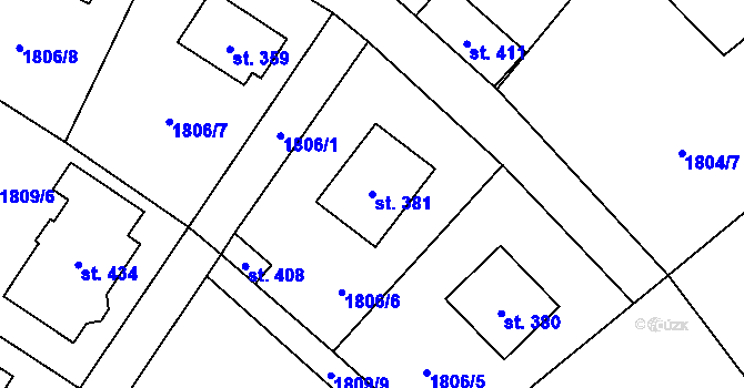 Parcela st. 381 v KÚ Hvězdonice, Katastrální mapa