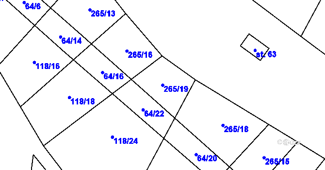 Parcela st. 265/19 v KÚ Hvězdoňovice, Katastrální mapa