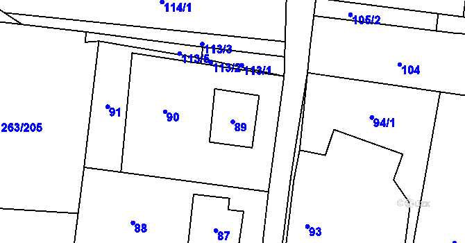 Parcela st. 89 v KÚ Hvozdná, Katastrální mapa