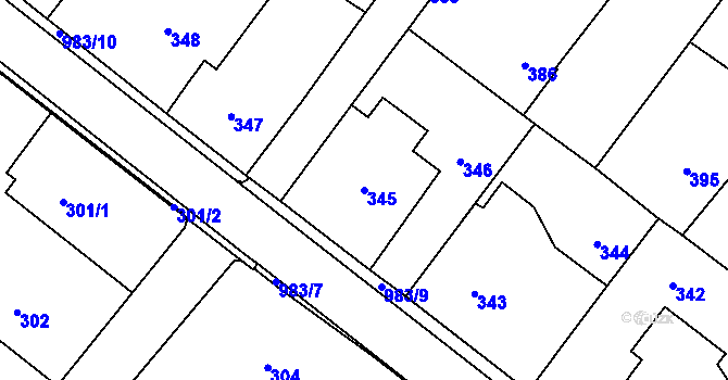 Parcela st. 345 v KÚ Hvozdná, Katastrální mapa