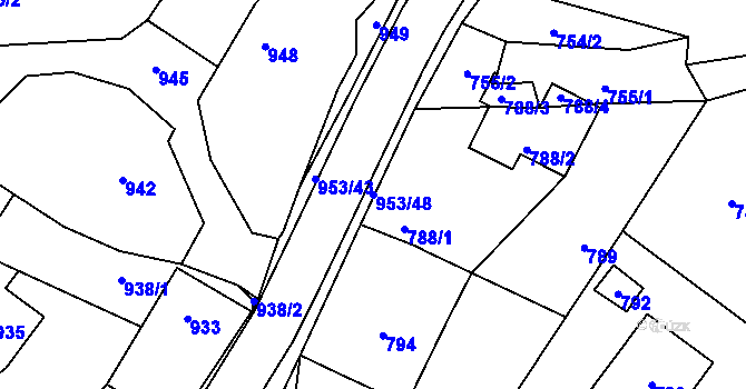 Parcela st. 953/48 v KÚ Hvozdná, Katastrální mapa